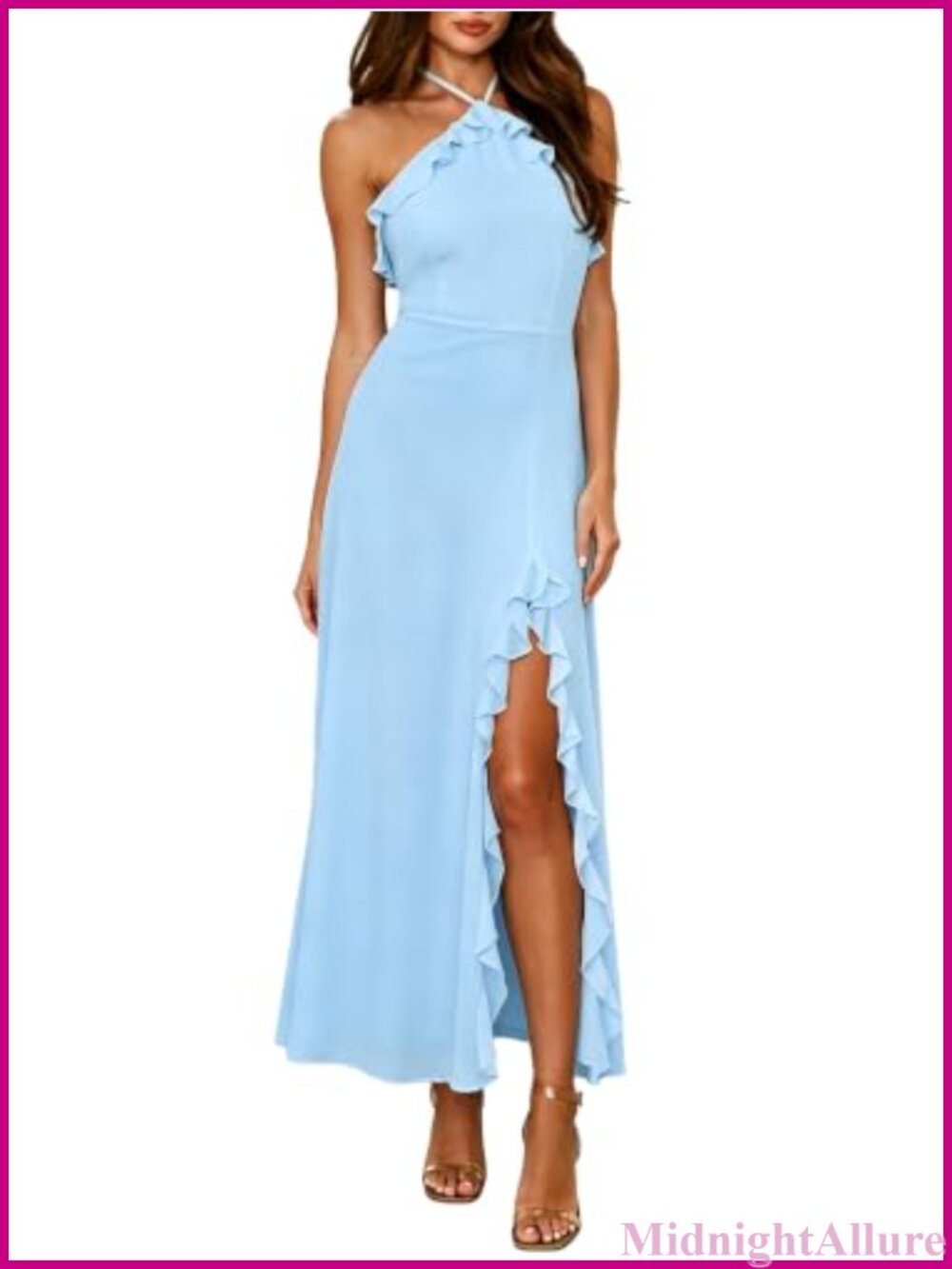 Halter Neck Backless Maxi Dress High Slit Ruffle Hem Bodycon